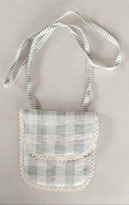 Sage Checks & Stripe Kids' Small Tote Bag with Magnetic Closure and Lace Detailing PURSE Yo Baby India 