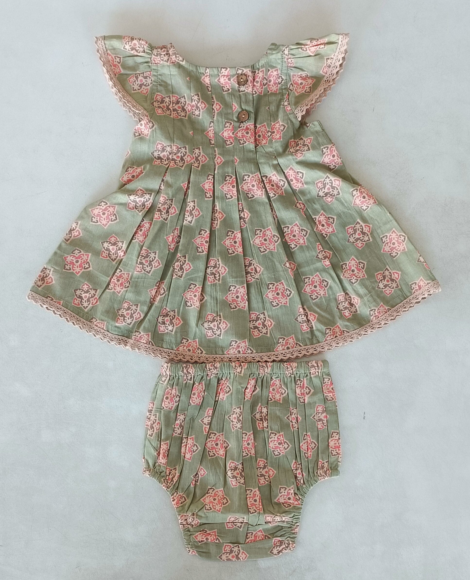 Sage-Green Floral Printed Box Pleat Dress DRESS Yo Baby India 