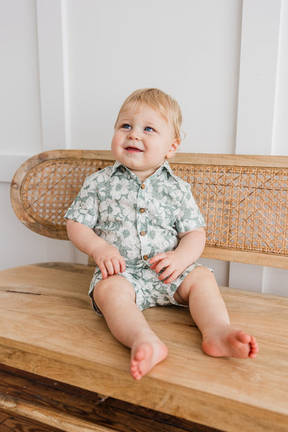 Sage-Green Floral Printed Boys Shirt & Shorts Set Shirt-Shorts Yo Baby India 