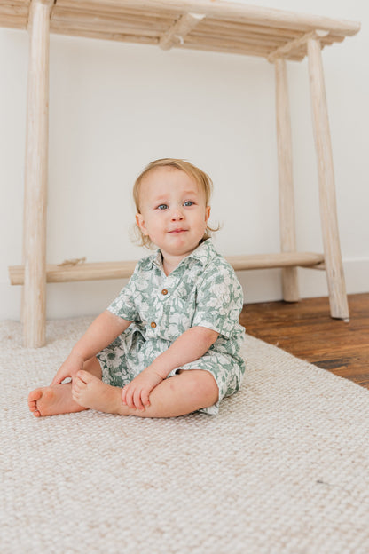 Sage-Green Floral Printed Boys Shirt & Shorts Set Shirt-Shorts Yo Baby India 