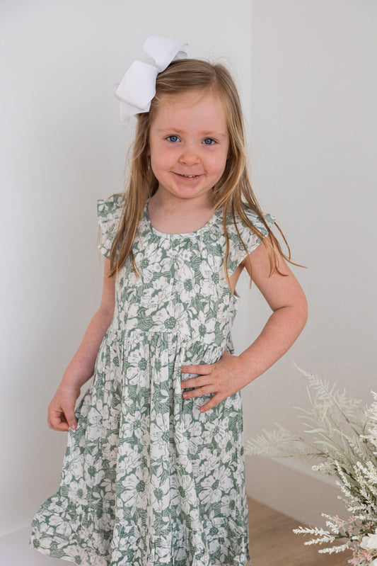 Sage-Green Floral Printed Sleeve & Bottom Ruffle Dress dress & diaper cover Yo Baby India 