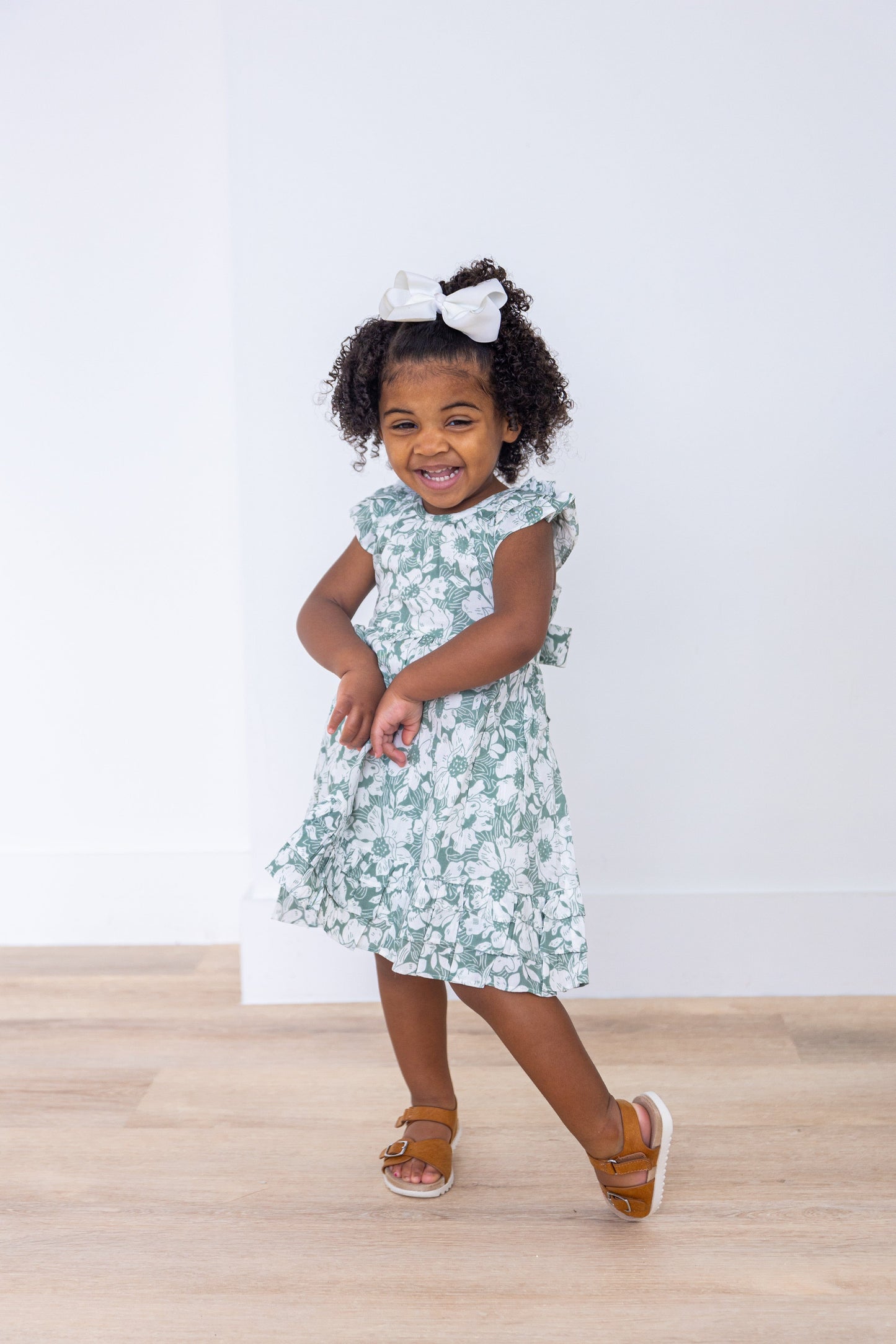 Sage-Green Floral Printed Sleeve & Bottom Ruffle Dress dress & diaper cover Yo Baby India 