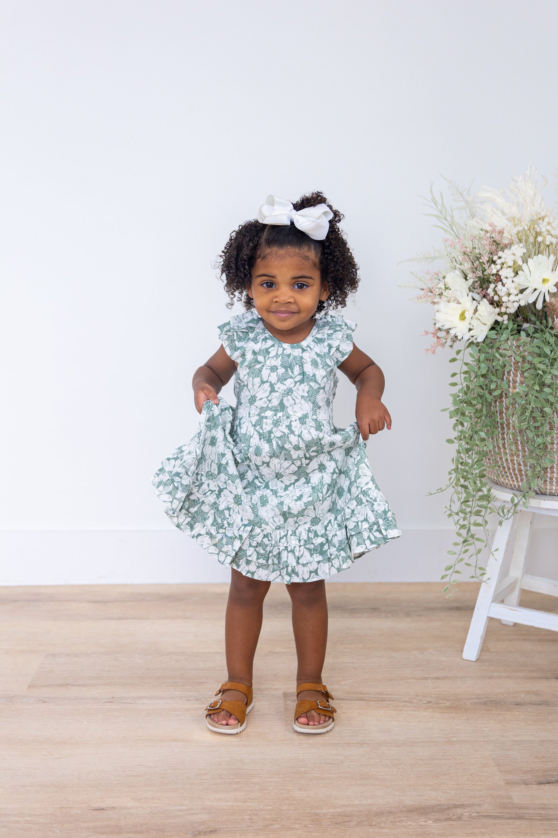 Sage-Green Floral Printed Sleeve & Bottom Ruffle Dress dress & diaper cover Yo Baby India 