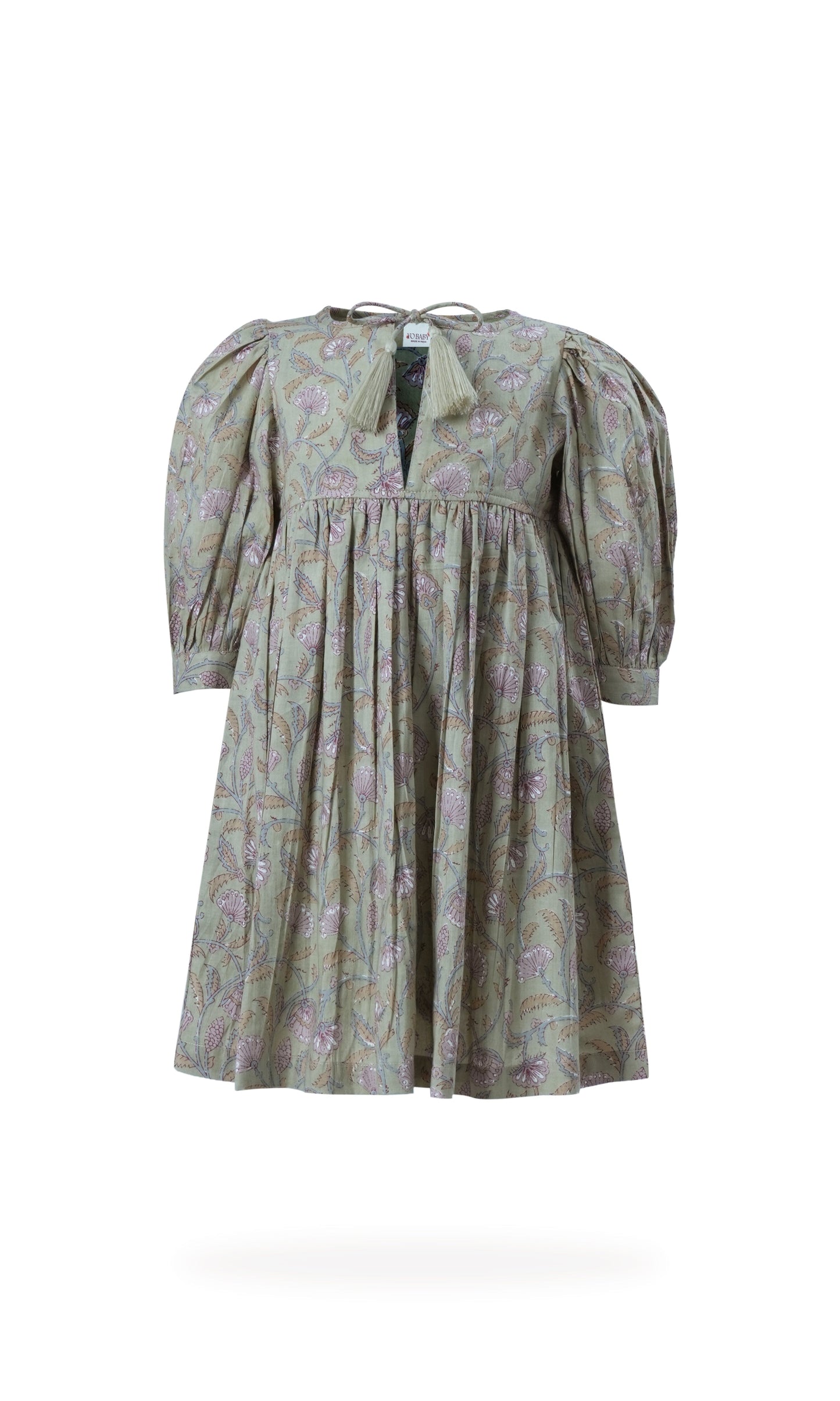 Sage-Green Floral Printed Sleeve Gathered Dress dress & diaper cover Yo Baby India 