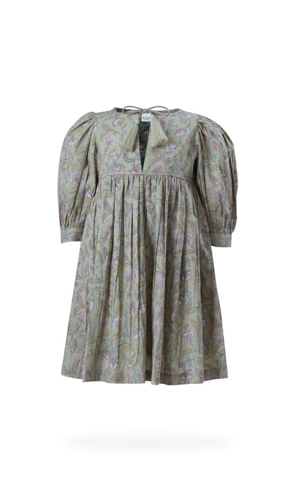 Sage-Green Floral Printed Sleeve Gathered Dress dress & diaper cover Yo Baby India 