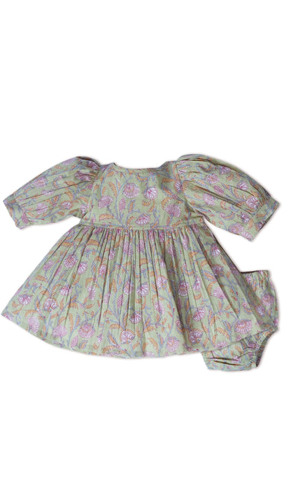 Sage-Green Floral Printed Sleeve Gathered Dress dress & diaper cover Yo Baby India 