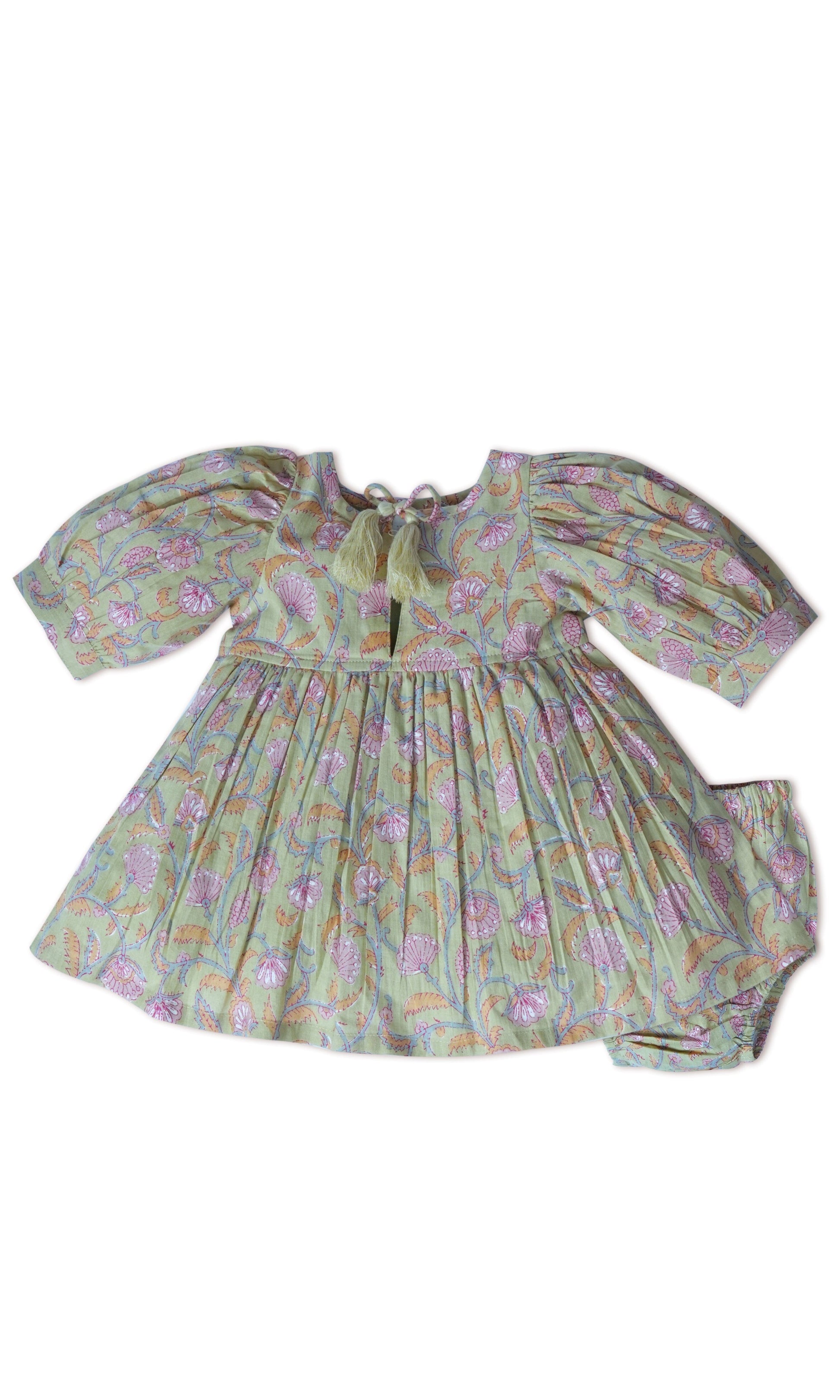 Sage-Green Floral Printed Sleeve Gathered Dress dress & diaper cover Yo Baby India 