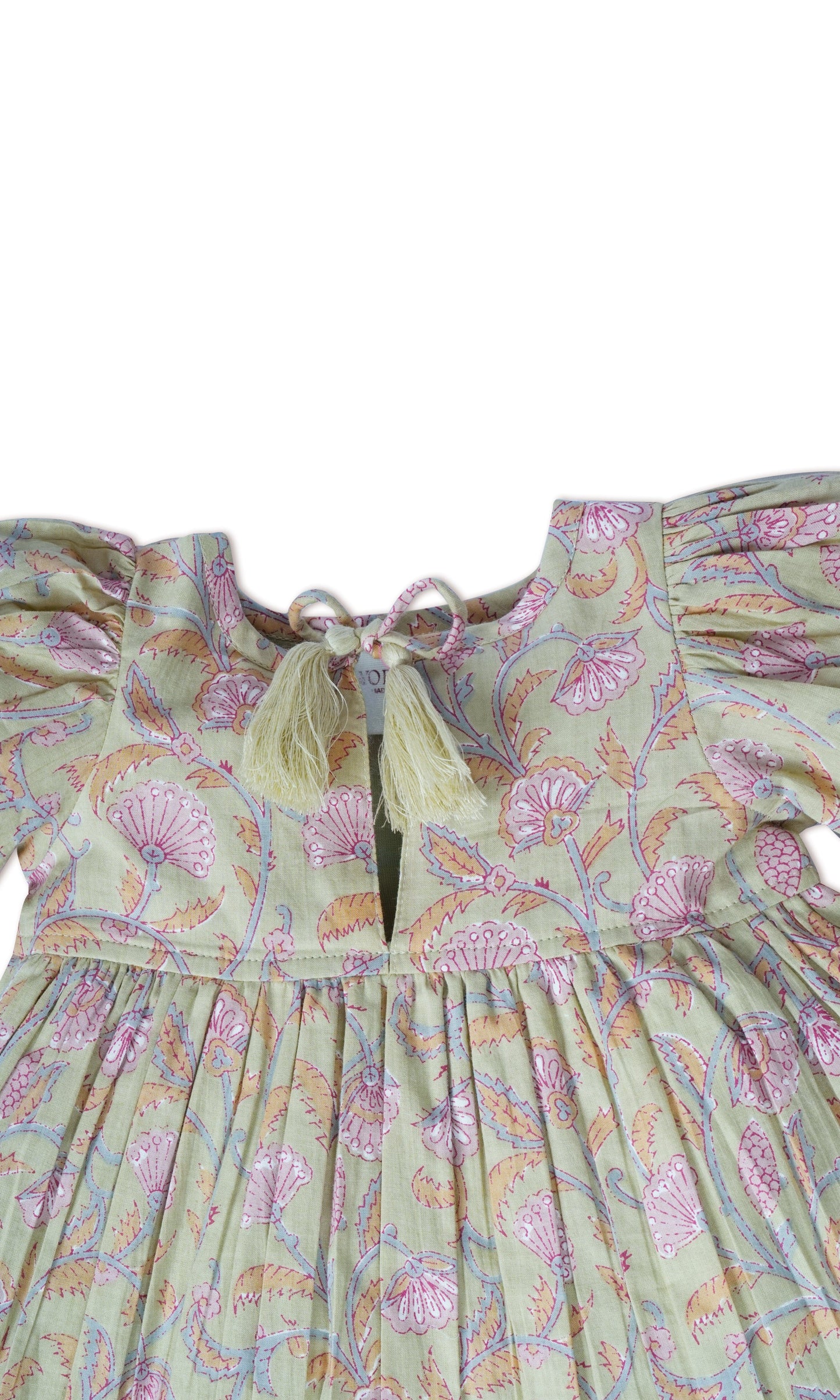 Sage-Green Floral Printed Sleeve Gathered Dress dress & diaper cover Yo Baby India 