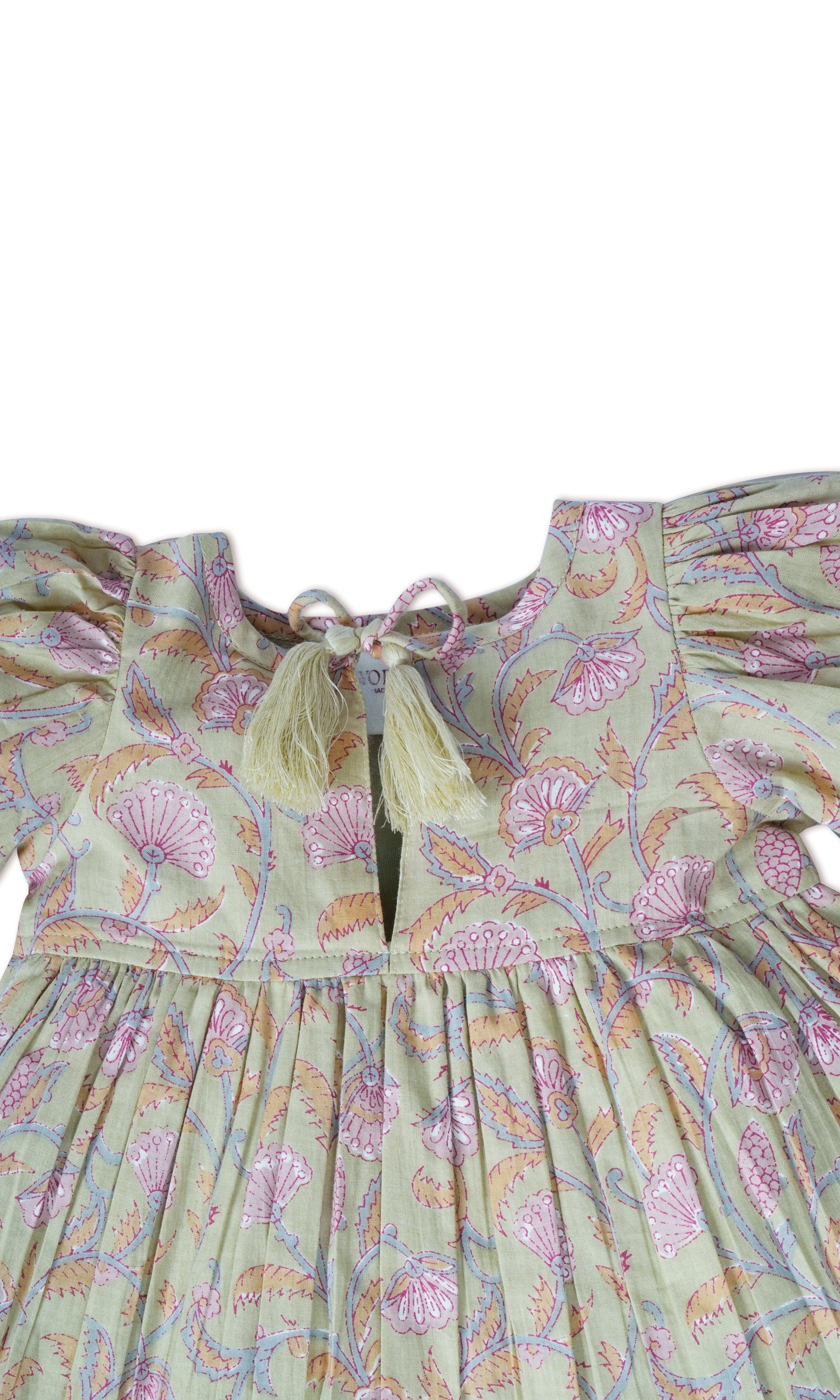 Sage-Green Floral Printed Sleeve Gathered Dress dress & diaper cover Yo Baby India 