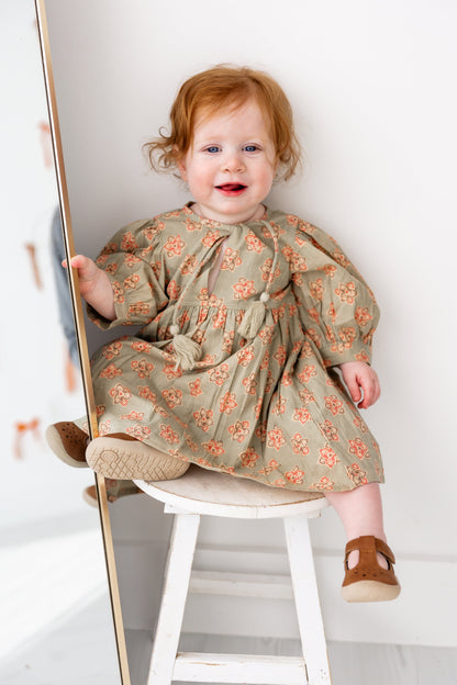 Sage-Green Floral Printed Sleeve Gathered Dress Yo Baby India 