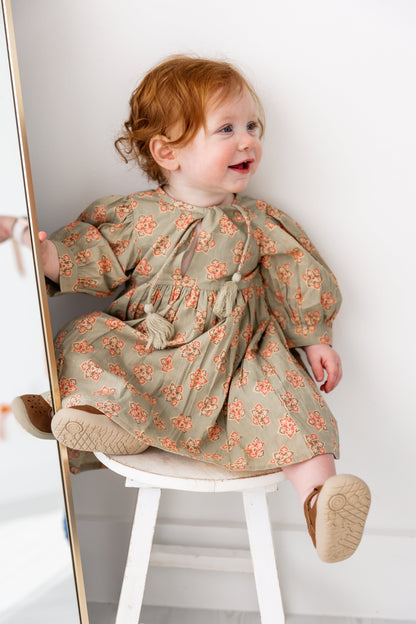 Sage-Green Floral Printed Sleeve Gathered Dress Yo Baby India 