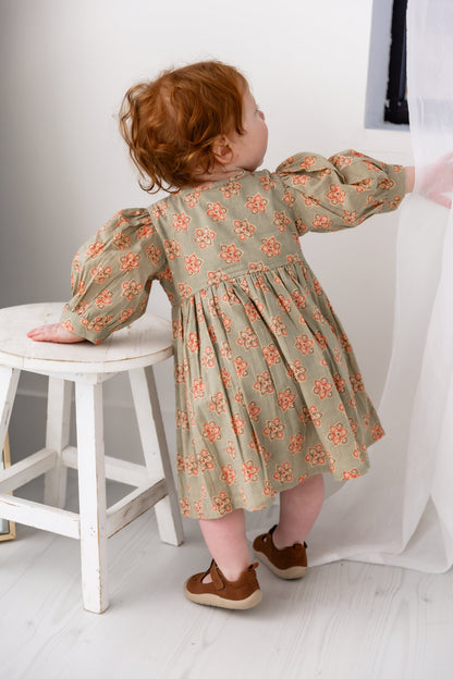 Sage-Green Floral Printed Sleeve Gathered Dress Yo Baby India 