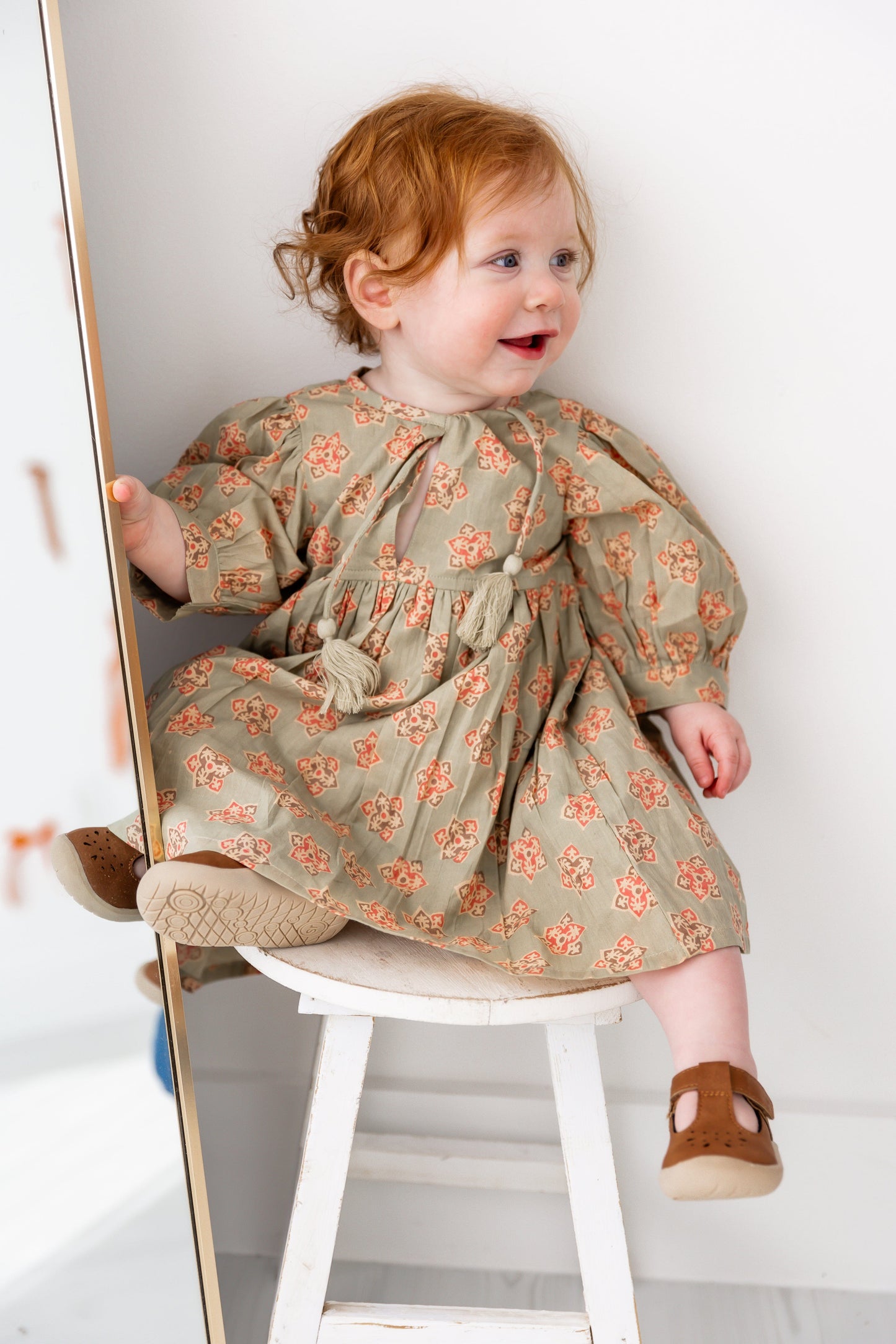 Sage-Green Floral Printed Sleeve Gathered Dress Yo Baby India 