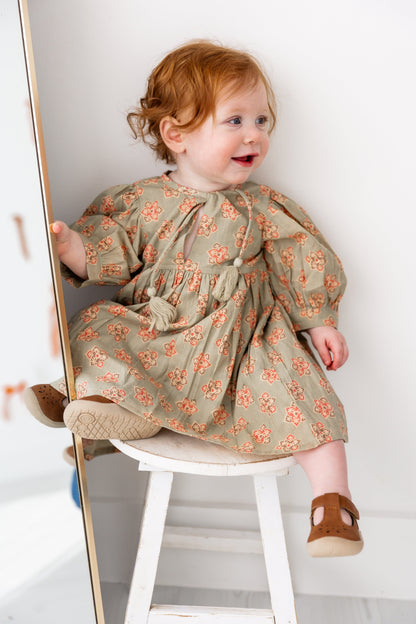 Sage-Green Floral Printed Sleeve Gathered Dress Yo Baby India 