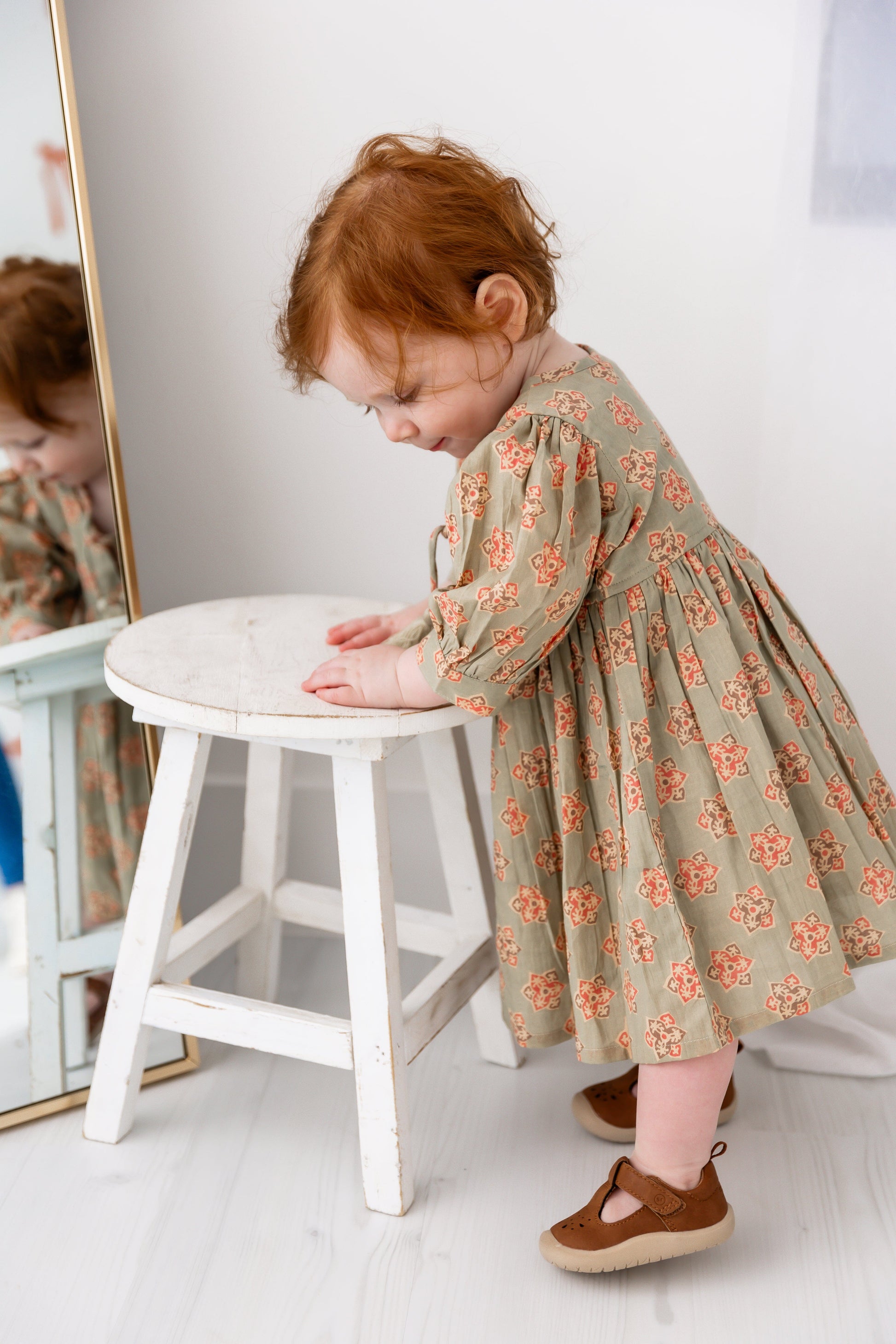 Sage-Green Floral Printed Sleeve Gathered Dress Yo Baby India 