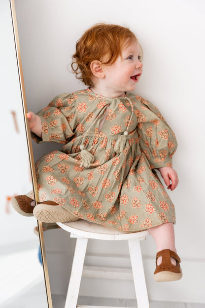 Sage-Green Floral Printed Sleeve Gathered Dress Yo Baby India 