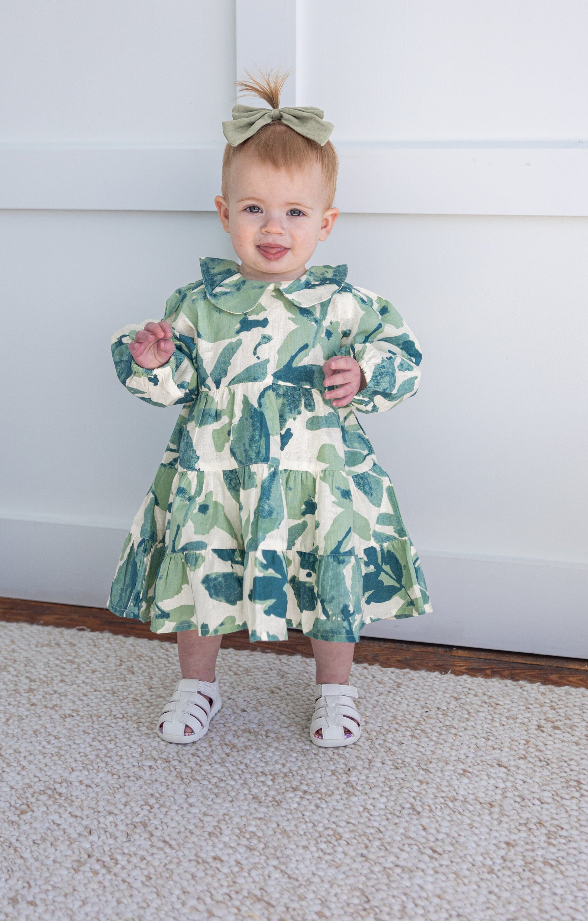 Sage-Green Leaf Printed Peter Pan Collar Tiered Long Sleeve Dress Co Yo Baby India Sage-Green Leaf Printed Peter Pan Collar Tiered Long Sleeve Dress Co Yo Baby India