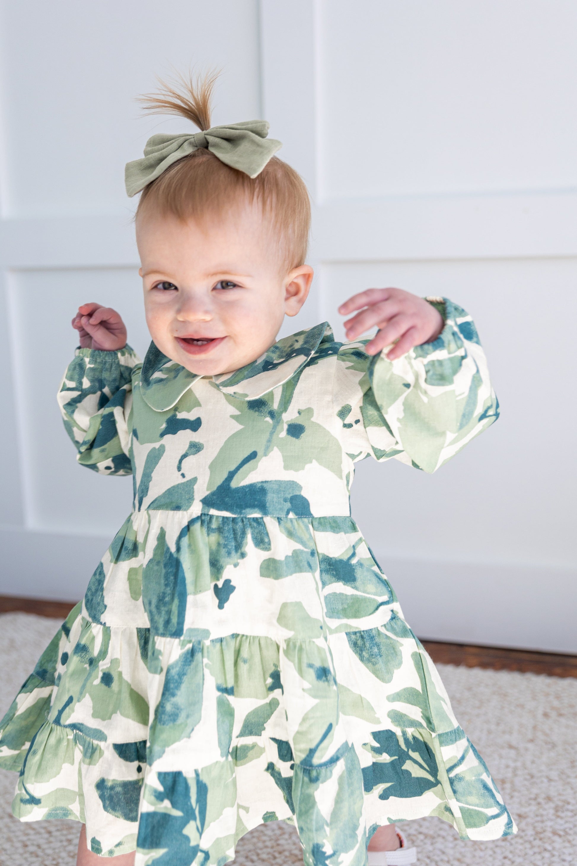 Sage-Green Leaf Printed Peter Pan Collar Tiered Long Sleeve Dress Co Yo Baby India Sage-Green Leaf Printed Peter Pan Collar Tiered Long Sleeve Dress Co Yo Baby India