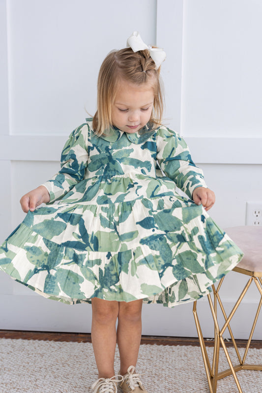 Sage-Green Leaf Printed Peter Pan Collar Tiered Long Sleeve Dress DRESS Yo Baby India 