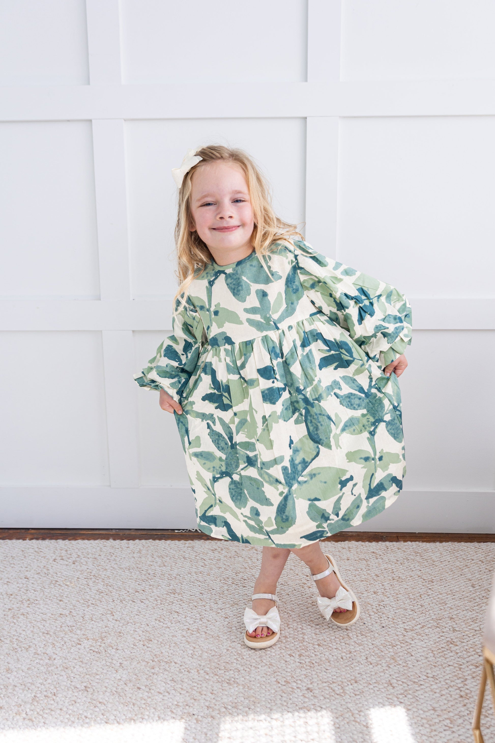 Sage-Green Leaf Printed Sleeve Gathered Dress Dress Yo Baby India 