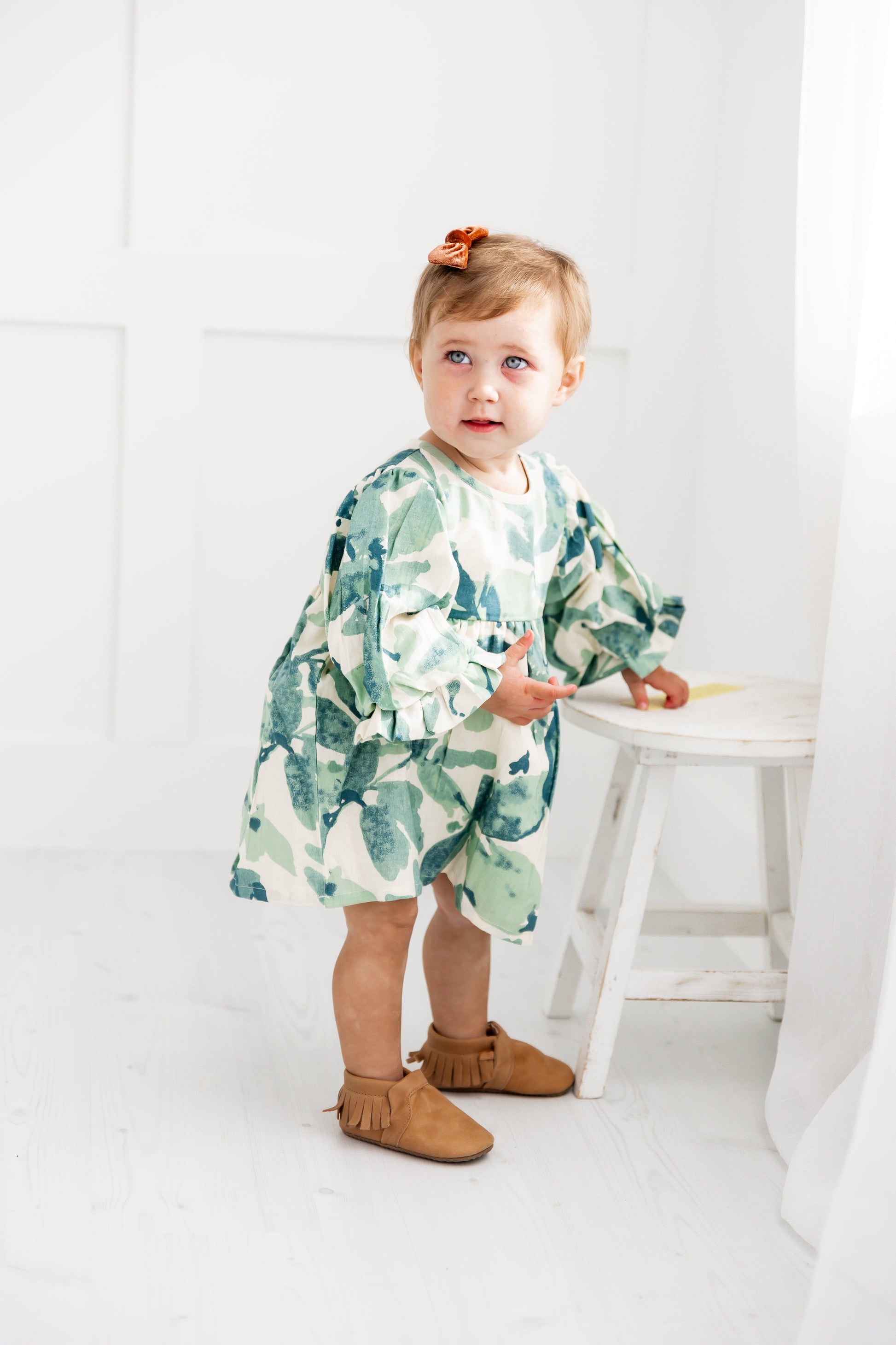 Sage-Green Leaf Printed Sleeve Gathered Dress Dress Yo Baby India 