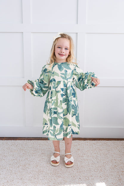 Sage-Green Leaf Printed Sleeve Gathered Dress Dress Yo Baby India 