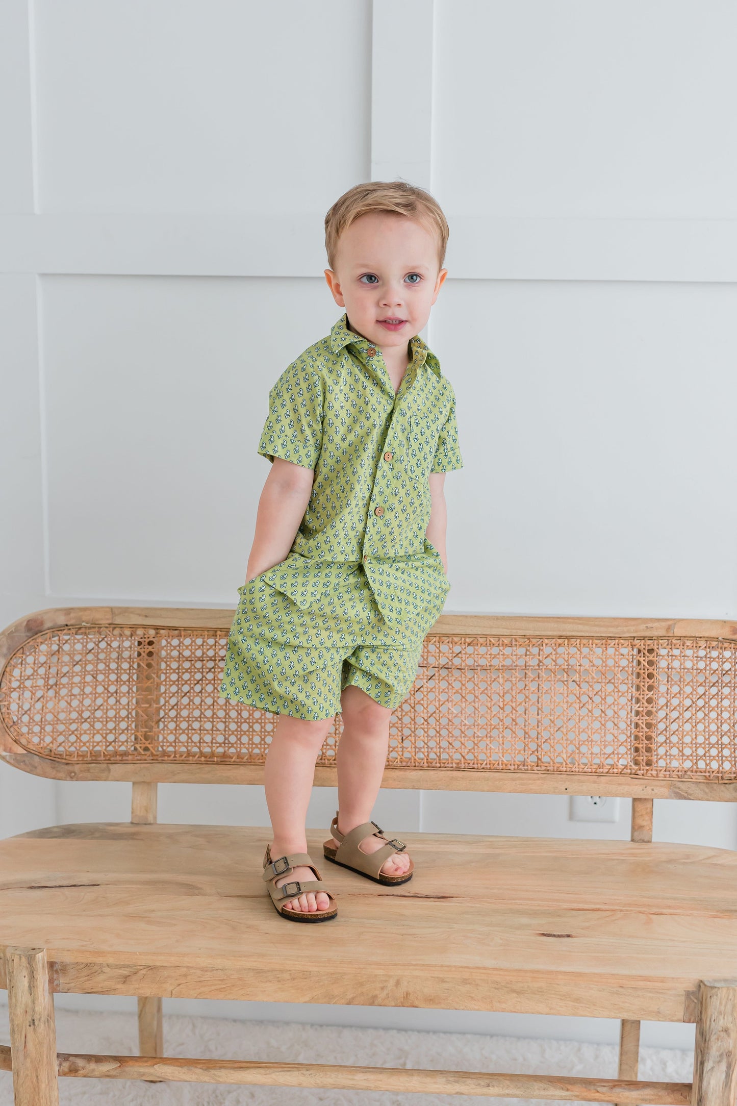 Sage-Green Printed Boys Shirt & Shorts set Dress Yo Baby India 