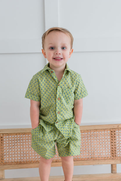 Sage-Green Printed Boys Shirt & Shorts Set 100% Cotton Fabric with C Yo Baby India Sage-Green Printed Boys Shirt & Shorts Set 100% Cotton Fabric with C Yo Baby India