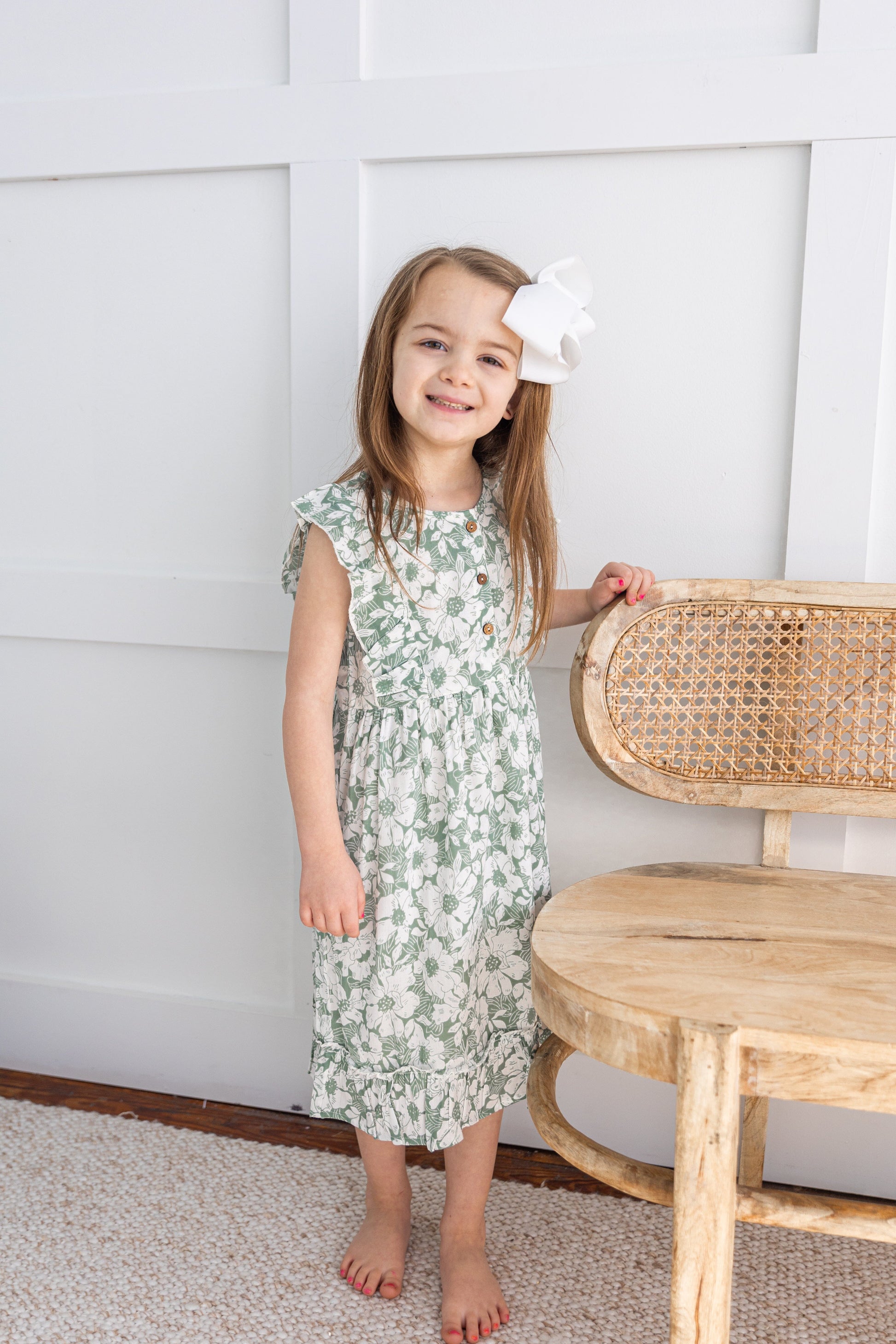 Sage-Green Printed Yoke & Bottom Ruffled Dress dress & diaper cover Yo Baby India 