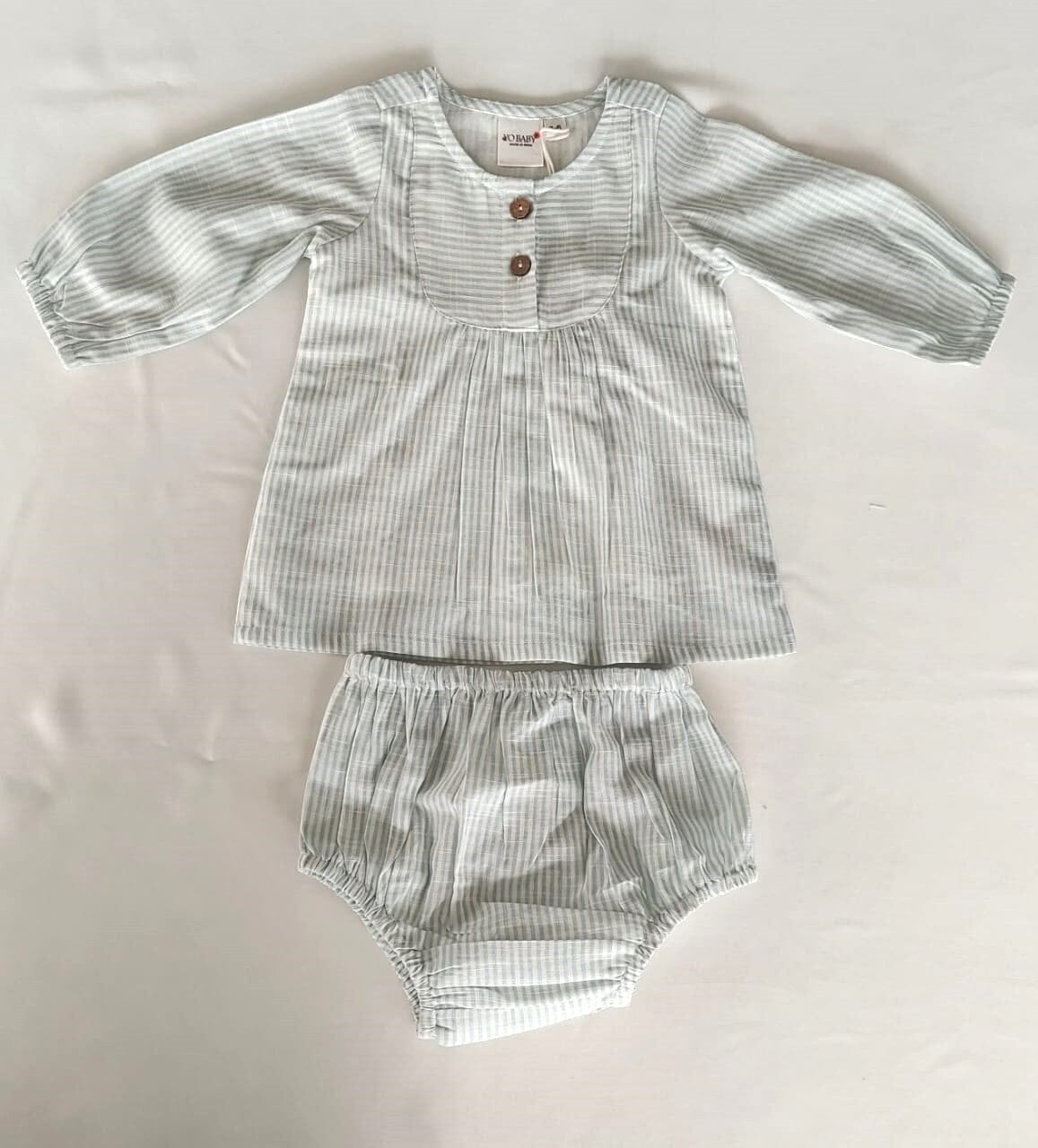 Sage Stripe Print Balloon-Sleeve Cotton Dress DRESS Yo Baby India 