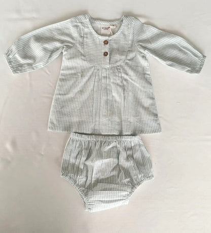 Sage Stripe Print Balloon-Sleeve Cotton Dress DRESS Yo Baby India 