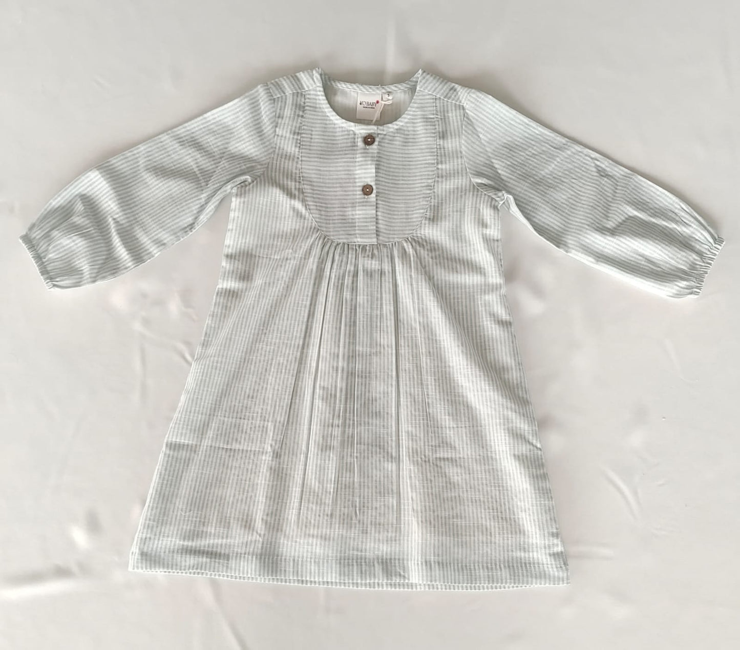 Sage Stripe Print Balloon-Sleeve Cotton Dress DRESS Yo Baby India 