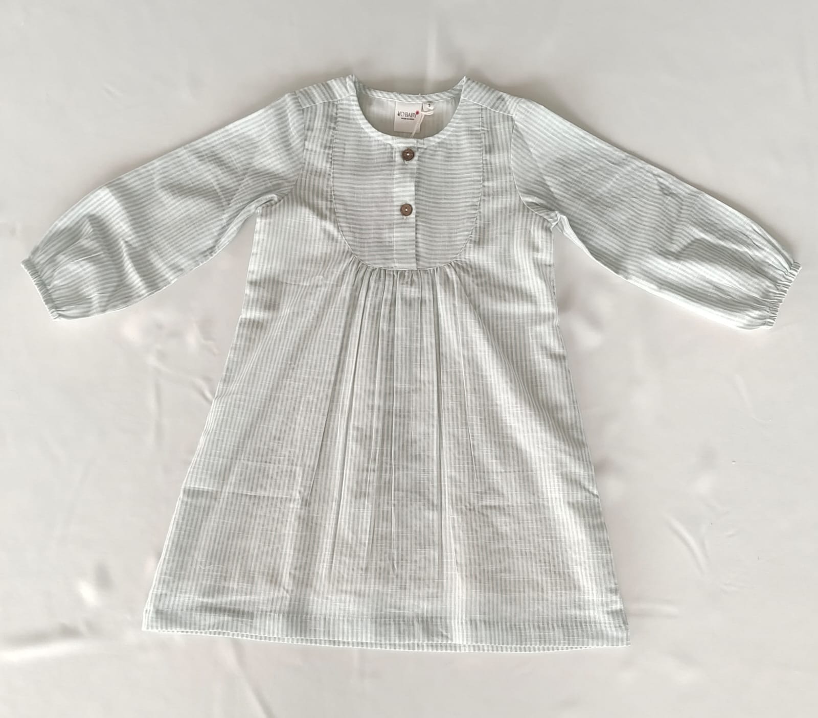 Sage Stripe Print Balloon-Sleeve Cotton Dress DRESS Yo Baby India 