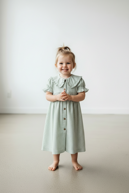 Sage Striped Peter Pan Collar Cotton Dress for Infants & Kids with Coconut Buttons