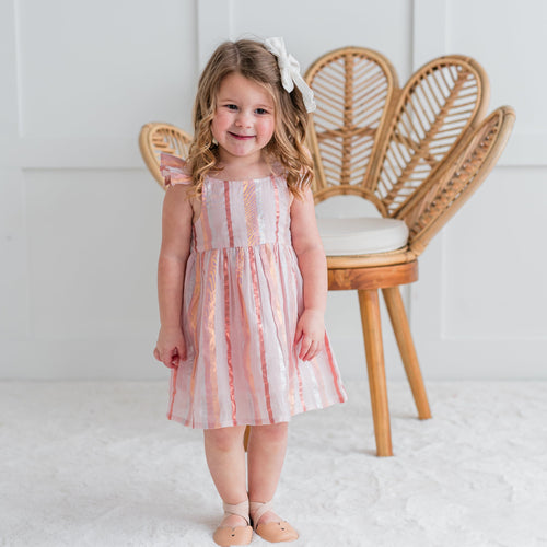 Soft Pink & Tri-Colour Lurex Frill Dress & Bloomers – 100% Cotton Baby Dress with Matching Toddler & Tween Outfits