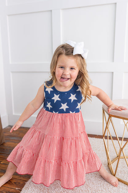 Stars & Red Striped Printed Tiered Gathered Dress DRESS Yo Baby India 