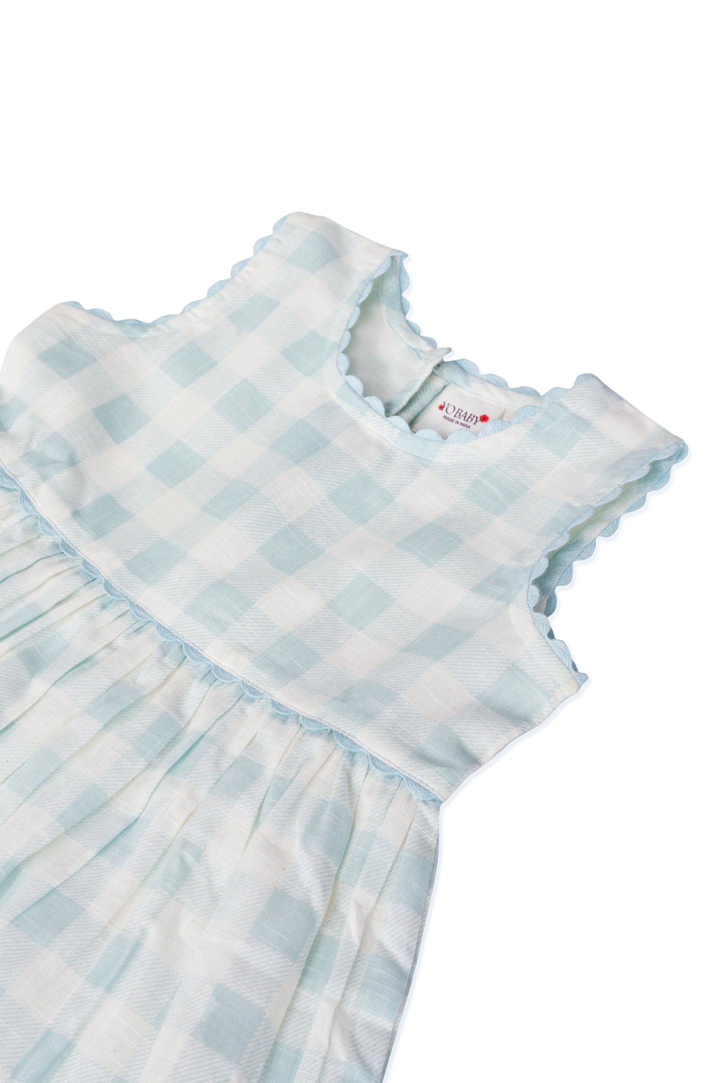 Stylish Cap Sleeve Dress in Blue Checks with Gaiders and Shell Button Details. DRESS Yo Baby India 