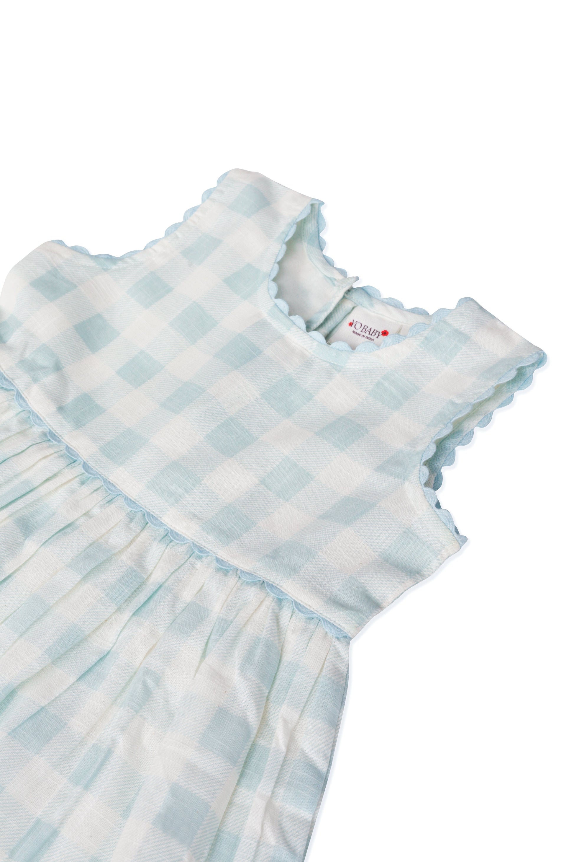 Stylish Cap Sleeve Dress in Blue Checks with Gaiders and Shell Button Details. DRESS Yo Baby India 