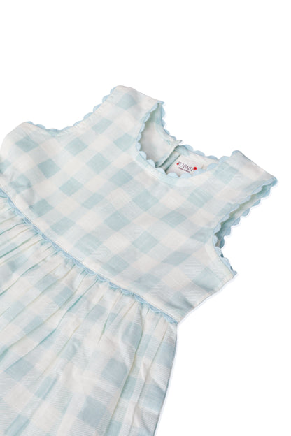 Stylish Cap Sleeve Dress in Blue Checks with Gaiders and Shell Button Details. DRESS Yo Baby India 