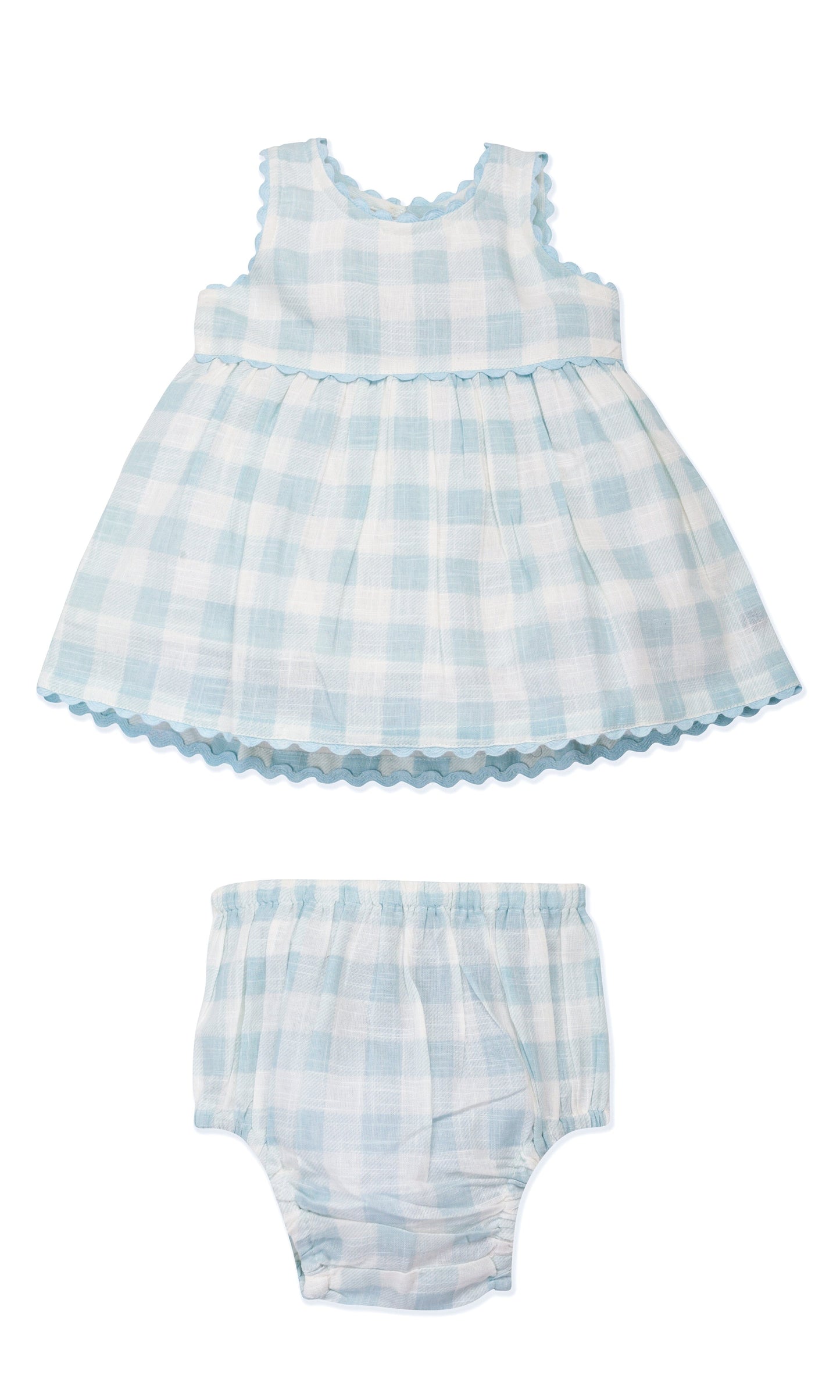Stylish Cap Sleeve Dress in Blue Checks with Gaiders and Shell Button Details. DRESS Yo Baby India 