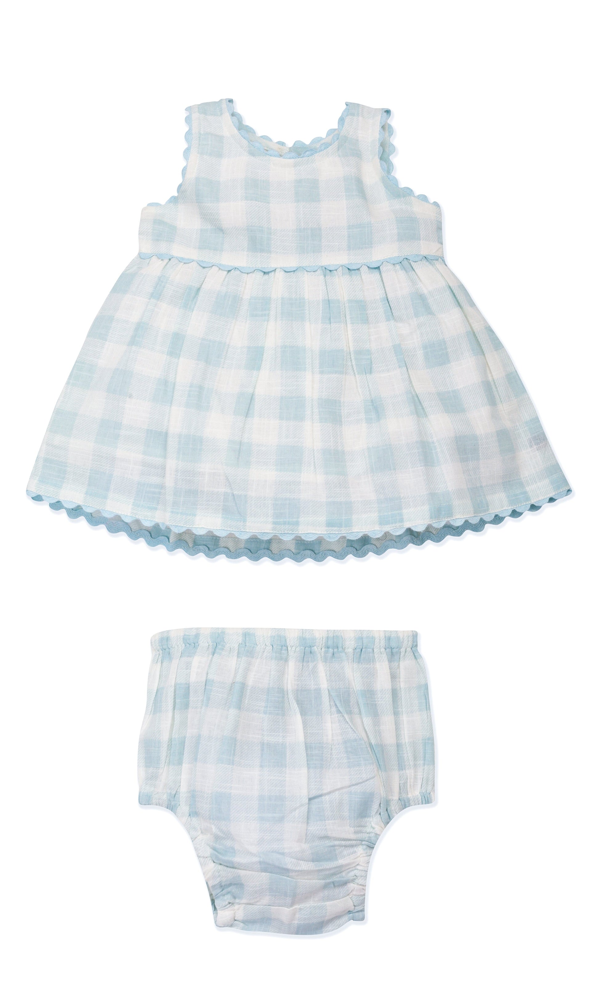 Stylish Cap Sleeve Dress in Blue Checks with Gaiders and Shell Button Details. DRESS Yo Baby India 