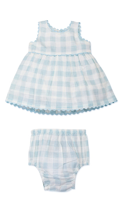 Stylish Cap Sleeve Dress in Blue Checks with Gaiders and Shell Button Details. DRESS Yo Baby India 