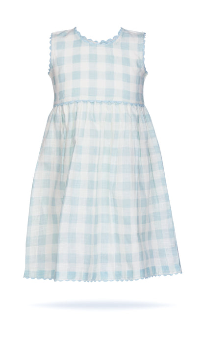 Stylish Cap Sleeve Dress in Blue Checks with Gaiders and Shell Button Details. DRESS Yo Baby India 