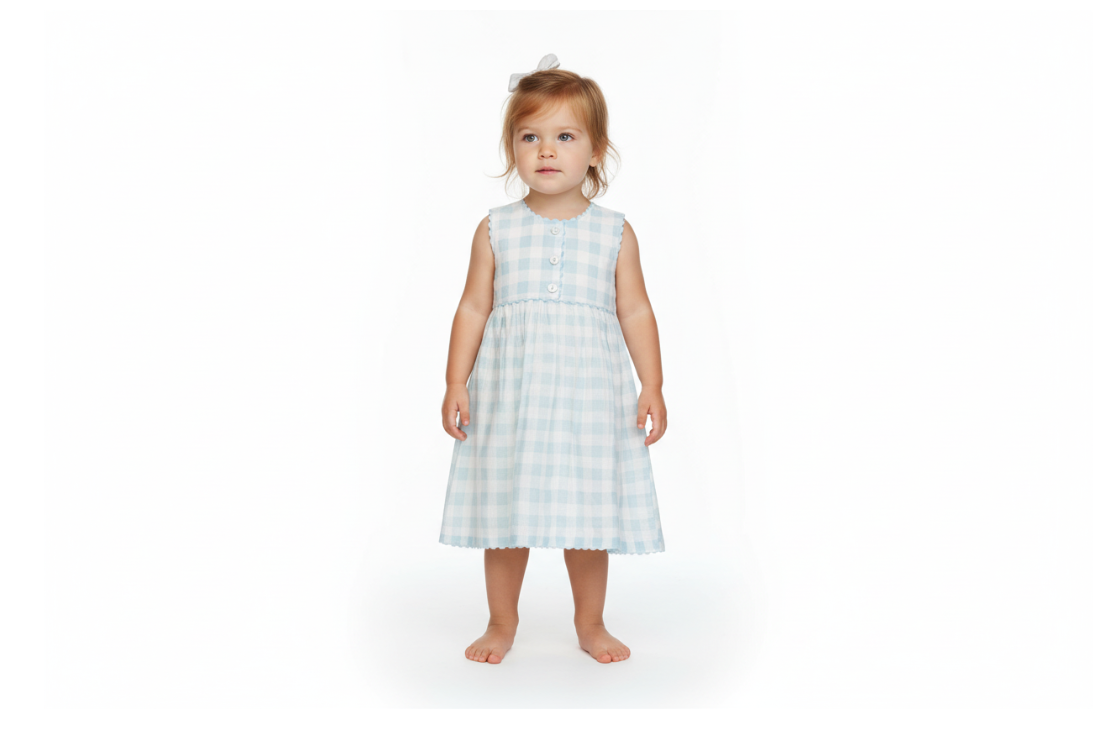 Blue Checks Cap Sleeve Dress with Gaiders & Shell Buttons | Kids & Infant Party Dress