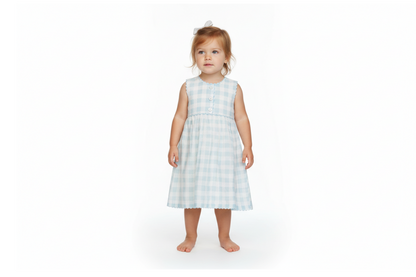 Blue Checks Cap Sleeve Dress with Gaiders & Shell Buttons | Kids & Infant Party Dress