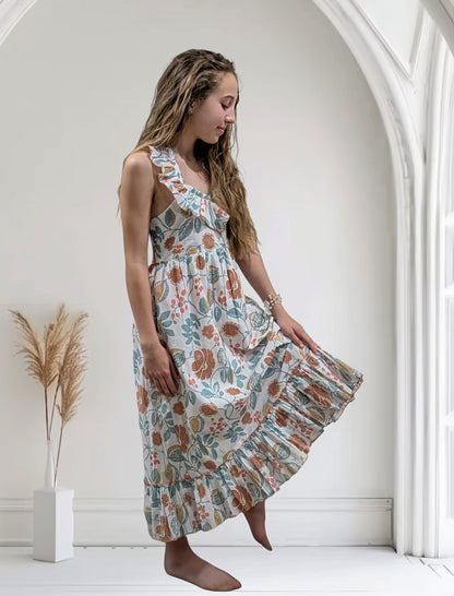 Stylish Kids' Sleeveless Dress with Frill & Ruffle Accents - White & Sage Floral Print DRESS Yo Baby India 