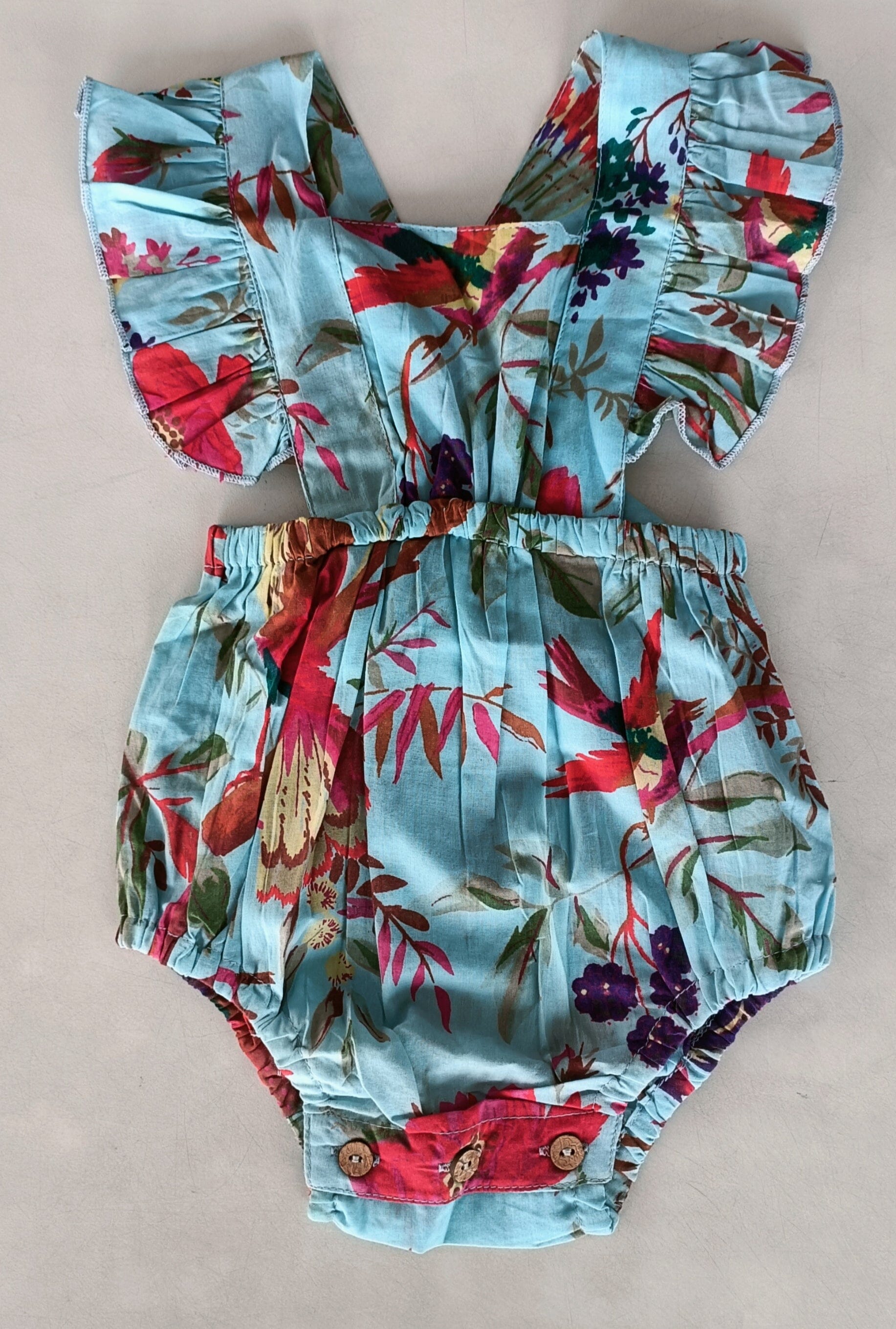 Turquoise Bird Printed Ruffled Gathered Romper romper Yo Baby India 