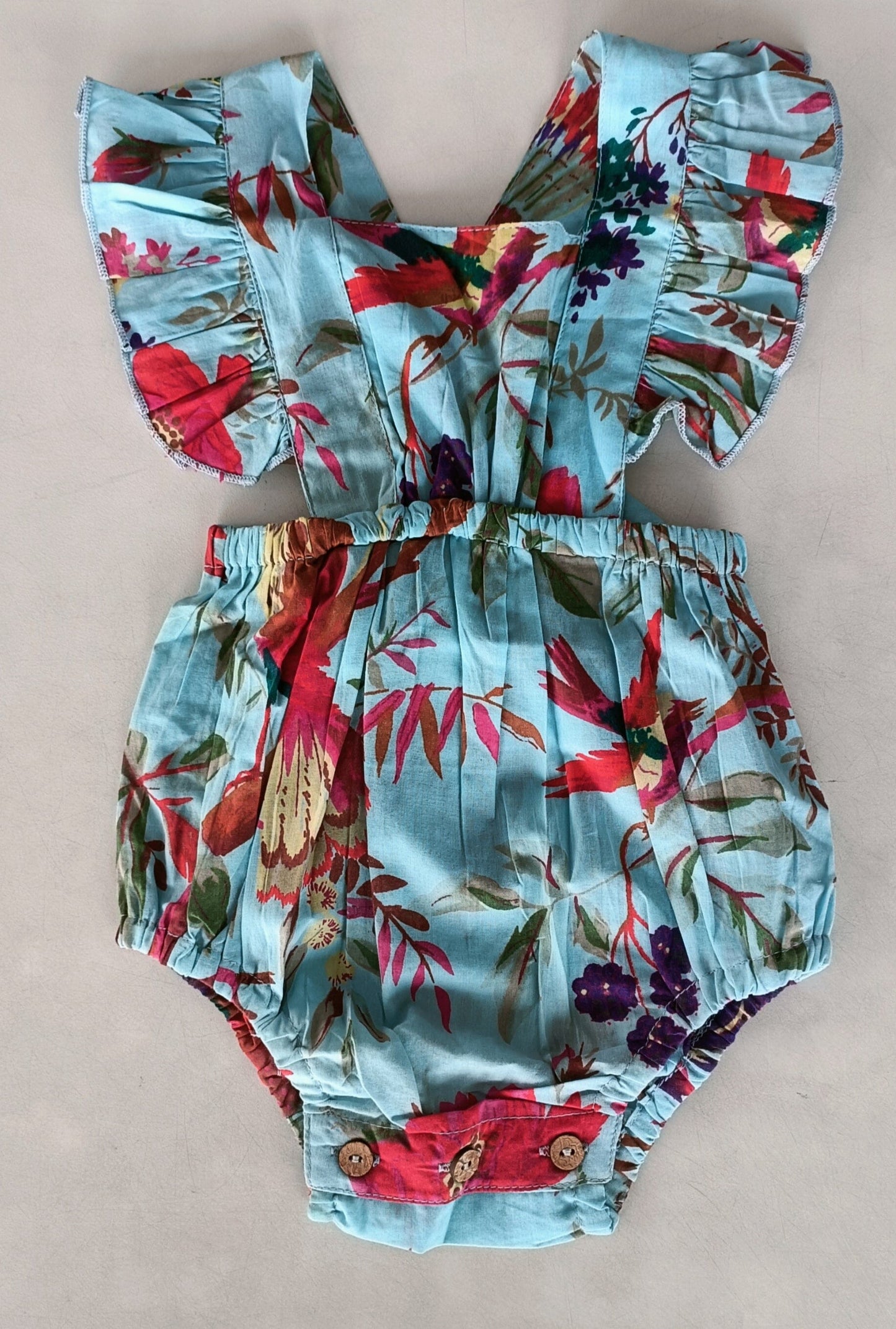 Turquoise Bird Printed Ruffled Gathered Romper – Infant Cotton Romper for Babies