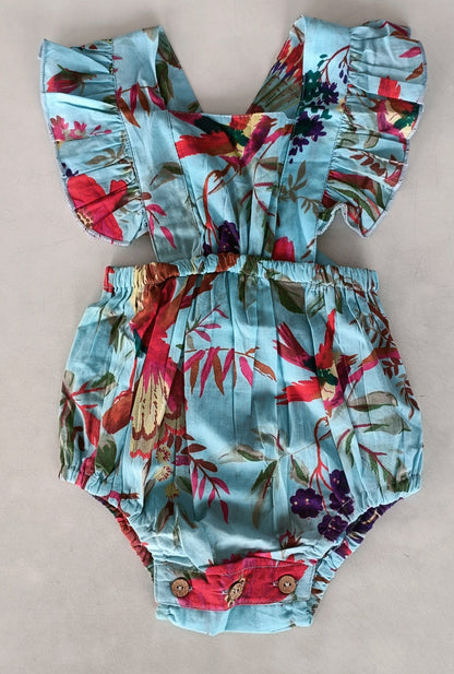 Turquoise Bird Printed Ruffled Gathered Romper – Infant Cotton Romper for Babies