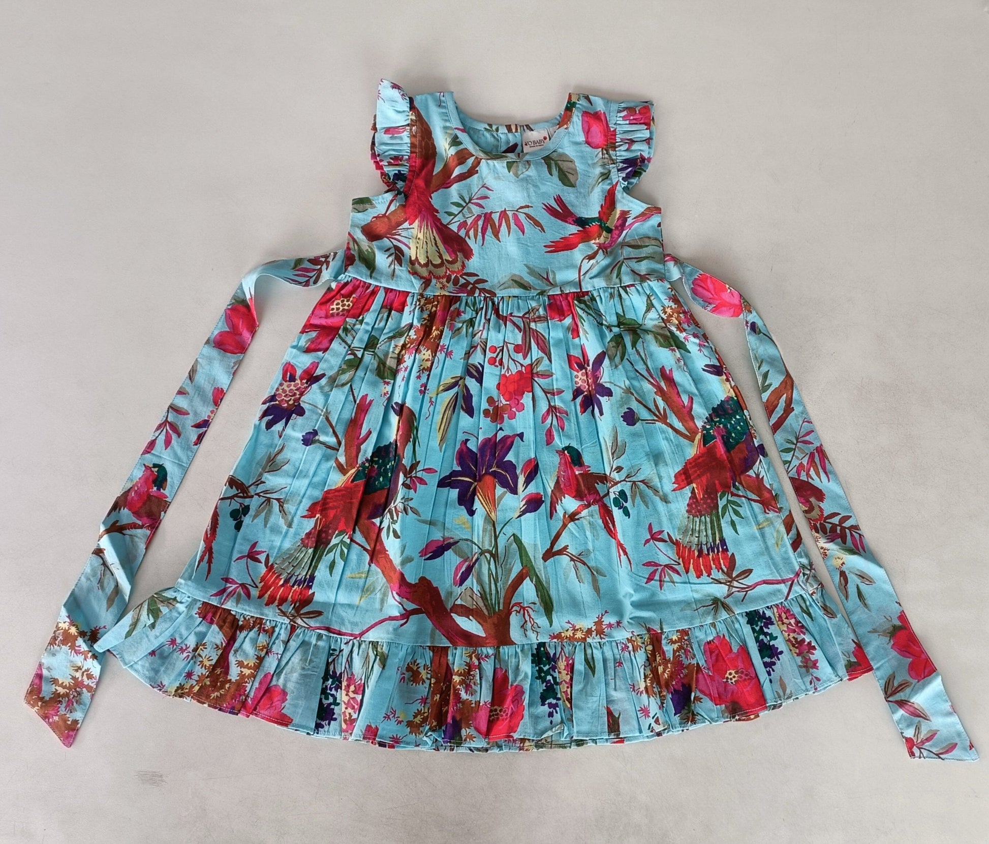 Turquoise Bird Printed Sleeve & Bottom Ruffle Dress 2-pc. set Yo Baby India 